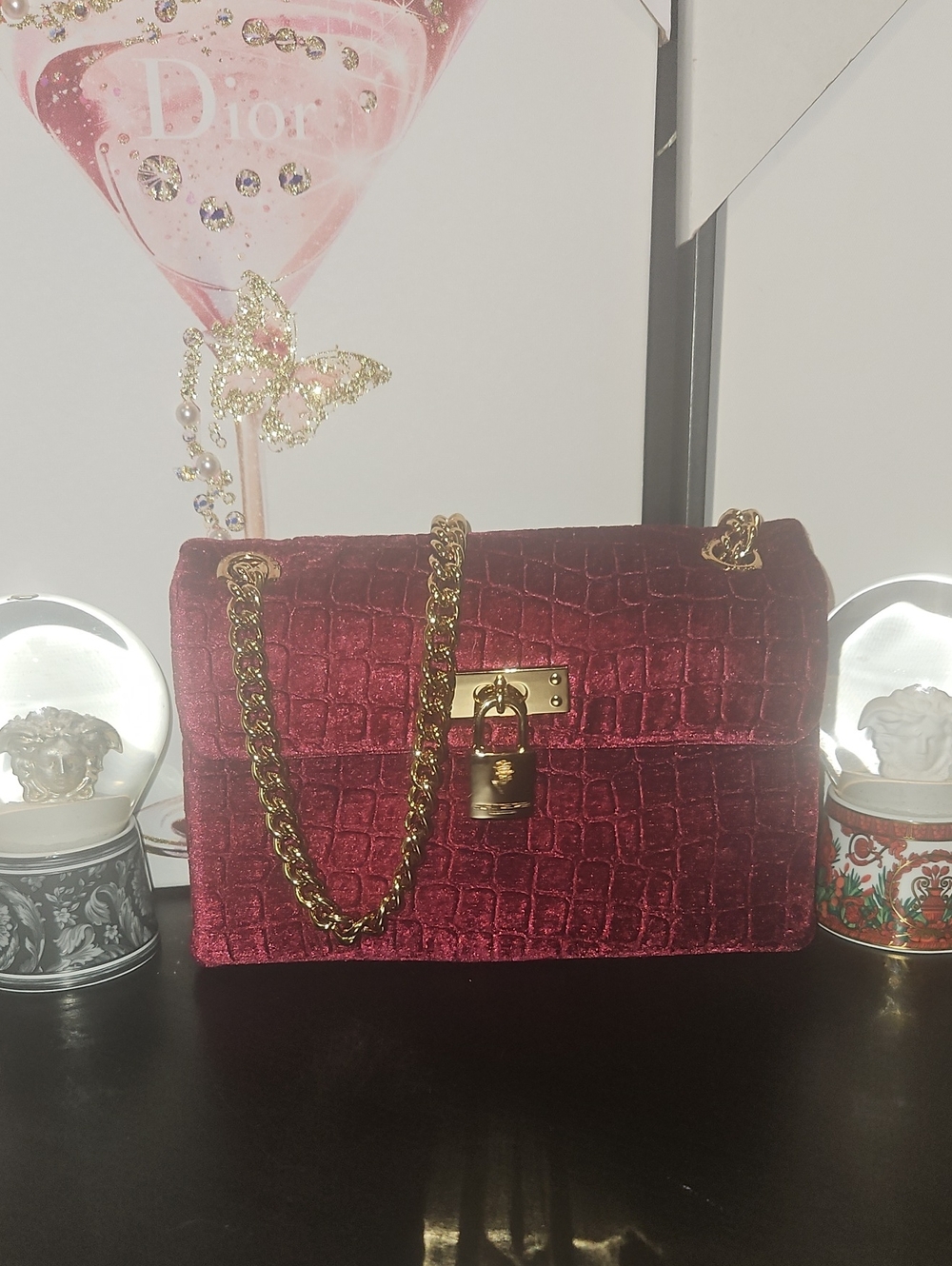 Kurt Geiger Burgundy Quilted Velvet Shoulder Bag with Gold Chain